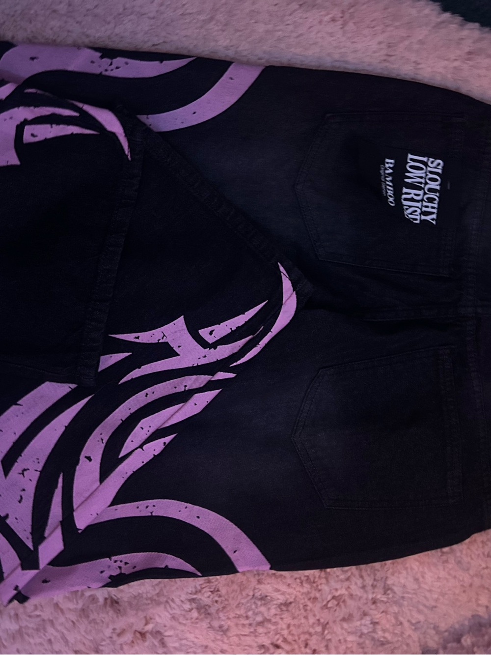 BAMBOO Black Shorts with Purple Graphic Detail